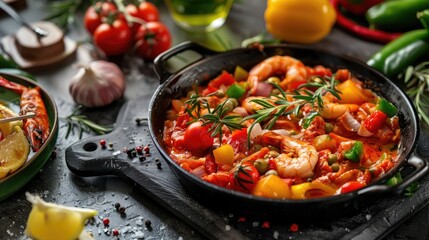 Shrimp and vegetable saute in a cast iron skillet.