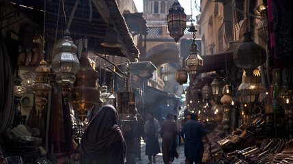 Old arabic bazaar shopping in outdoor market bronze lamp, Travel concept - obrazy, fototapety, plakaty