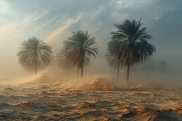 A photograph capturing the moment when the first gusts of a sandstorm hit a palm oasis, bending the - obrazy, fototapety, plakaty