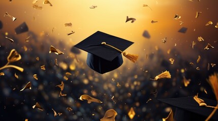 Celebratory Graduation Caps Toss with Golden Confetti in Mid-Air