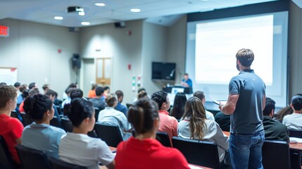 In the seminar room, participants eagerly absorb the presenter's insights, fostering an atmosphere of shared knowledge and engagement.
