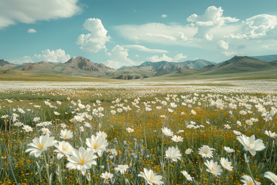 A photograph of a family enjoying a picnic amid a field of blooming desert lilies, their delicate wh