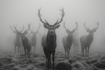 A photograph of a series of clashes throughout a foggy day, with stags emerging and retreating into