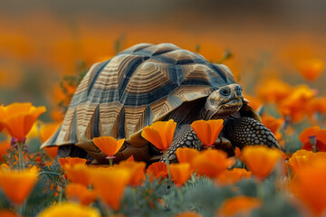A depiction of a desert tortoise slowly navigating through tall poppies, a rare sight of wildlife in - obrazy, fototapety, plakaty