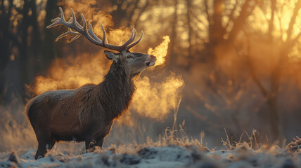 A photograph of a stagâ€™s breath steaming in the crisp morning air as he snorts and paws the ground - obrazy, fototapety, plakaty