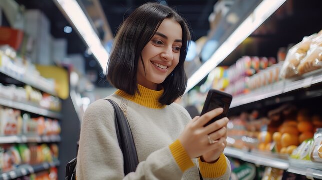 Woman Checking Phone in Grocery Store