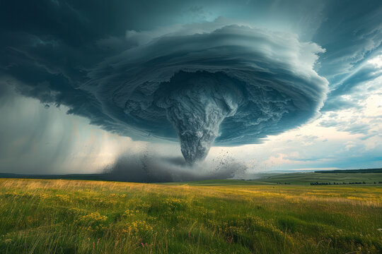 A photograph of a tornado beginning to form from a supercell's rotating wall cloud, a dangerous but