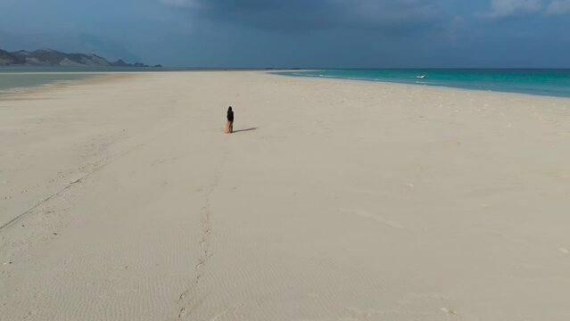 Aerial view of Detwah Lagoon with woman, Socotra Island, Yemen.