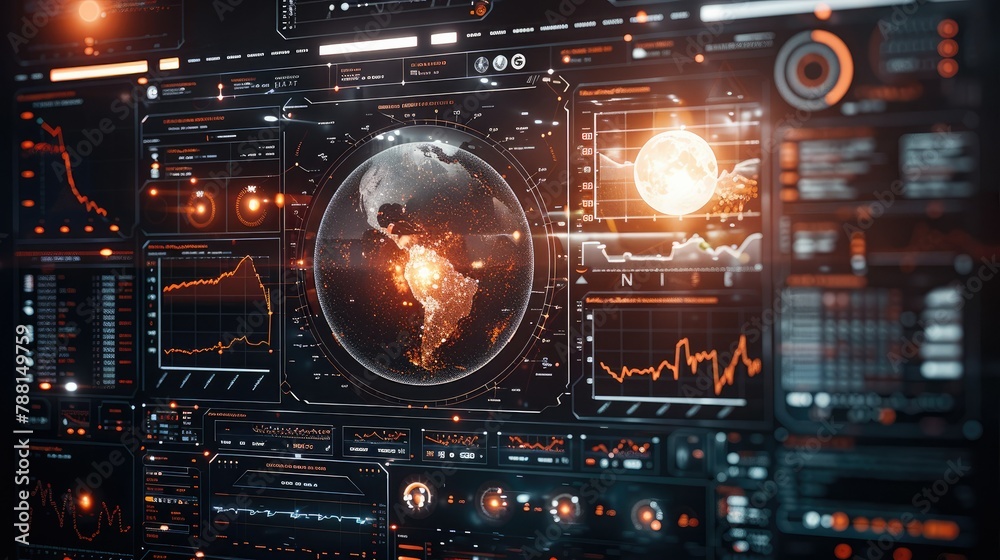 Poster Futuristic computing workstation displaying scenes of the solar eclipse with different charts and graphs scientific readouts. Generative AI.