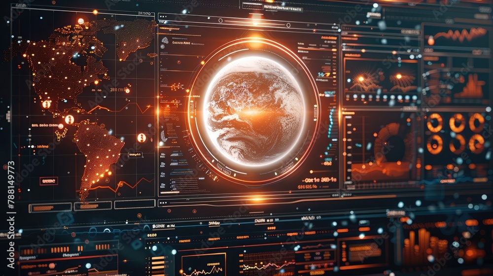 Poster Futuristic computing workstation displaying scenes of the solar eclipse with different charts and graphs scientific readouts. Generative AI.