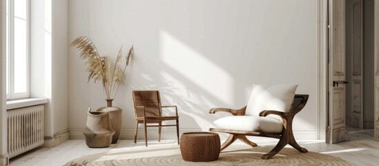 Retro furniture and decor in a white room.