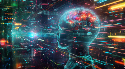 A neon brain is floating in a room with neon lights. The brain is surrounded by a colorful, futuristic environment