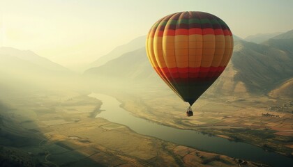 Vibrant hot air balloons gracefully floating over picturesque mountainous terrain