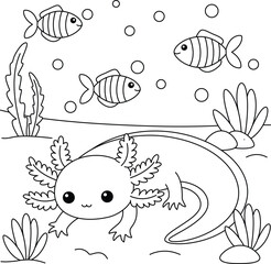 Cute kawaii cartoon character axolotl under lake coloring page, vector printable worksheets for preschool.