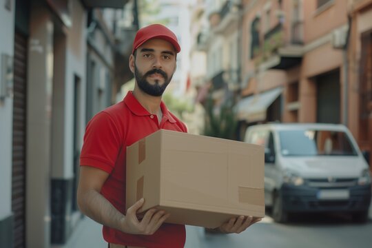 Man in Red Shirt Holding Box