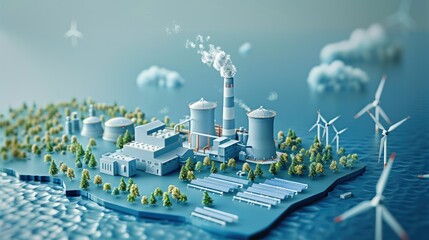 Isometric illustration of an industrial factory without smoke coming out from the chimney, a green trees, wind turbines and most of solar panels around, 3d rendering style. Generative AI.