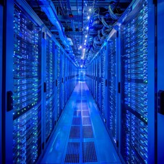 Fototapeta na wymiar High-tech server room with blue LED lights, rows of server racks running diagnostics, acrylic paint