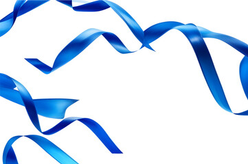 A blue ribbon in the air develops on a white background