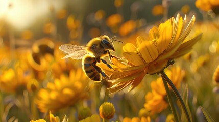 Honeybee collecting nectar on yellow flower. World Bee Day
