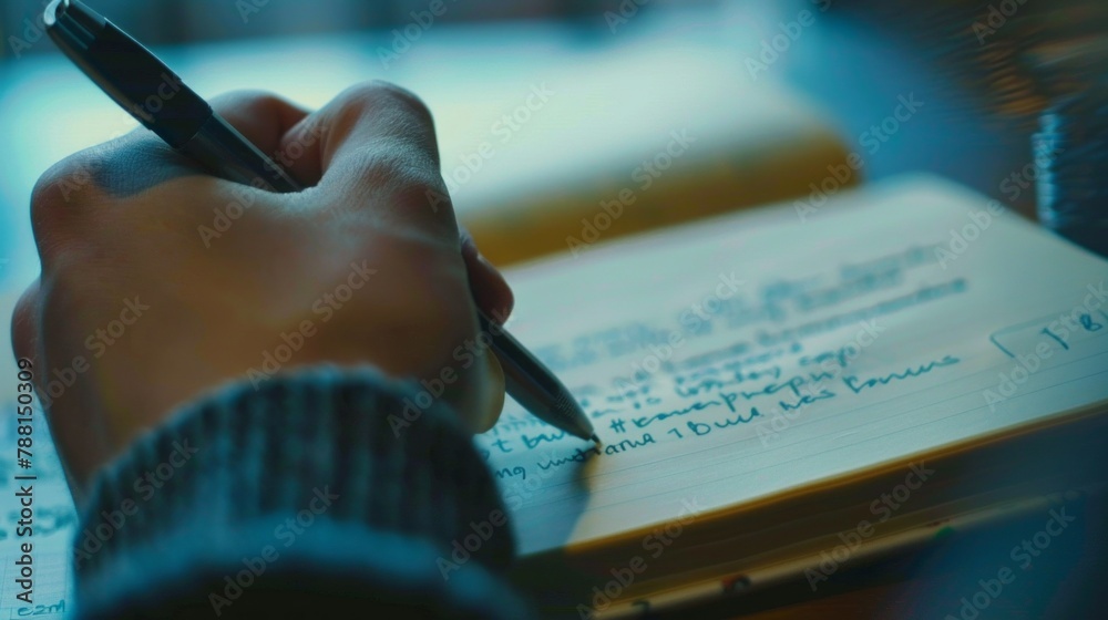 Poster Close-up of a focused writer Writing important notes with a pen in an open notebook at home
