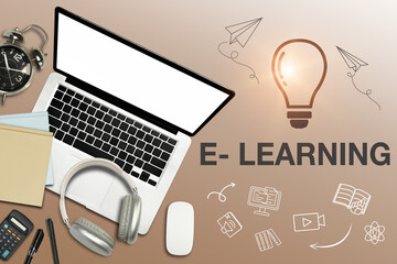 Laptop, headphone and stationery on brown background. E-learning and online education concept