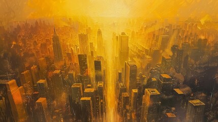 Cityscape during sunset, skyscrapers bathed in golden light with bustling streets below, acrylic paint