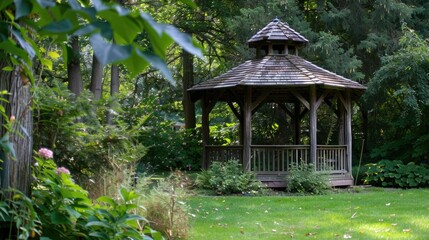 Garden gazebo with wooden architecture surrounded by lush greenery in park setting