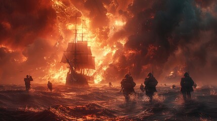 Dramatic sea battle with historical ship on fire and soldiers in water under stormy sky. D-Day Anniversary