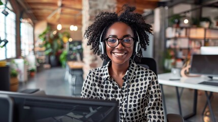 Smiling professional customer service representative with headset in modern office setting.