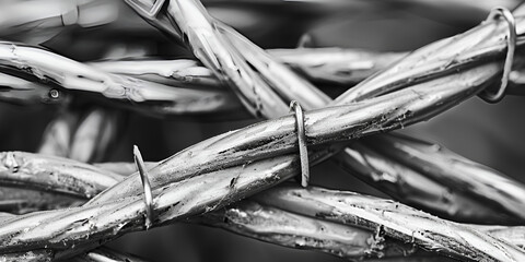 A close up of barbed wire with the word barbed on it. - obrazy, fototapety, plakaty