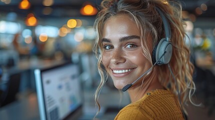 Happy customer service representative with headphones in a vibrant office.