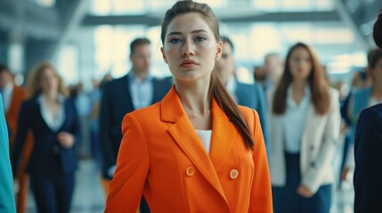 A successful businesswoman wearing an orange suit stands against the background of participants of the business forum. Communication, training, trainings, people with common interests in the office.