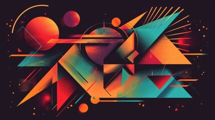 Illustration of abstract geometric shapes, vibrant colors on a dark background, acrylic paint