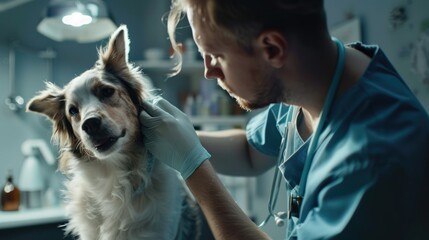Veterinarian comforting a Border Collie during a check-up in a vet clinic. Veterinary Day - obrazy, fototapety, plakaty