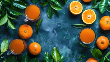 Fresh orange juice and oranges with green leaves on a blue textured background