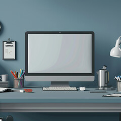 3D vector of an empty mockup desktop monitor on an office desk, surrounded by office supplies, clean and professional environment,