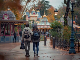Tourist Couple Walking Down Disneyland Park Street