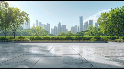 Empty marble floor with city skyline background. The square is surrounded by green hedges and...