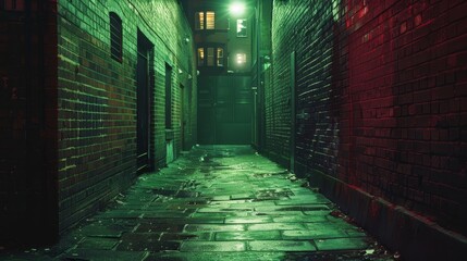 Eerie City Alleyway with Mysterious Shadows and Glowing Green Lights in the Dark