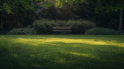 Wooden park bench in a lush green park with trees and bushes in the background bathed in sunlight