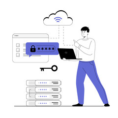 Secure cloud storage. Data backup, encrypted cloud storage, data protection in the cloud. Password access. Vector illustration with line people for web design.