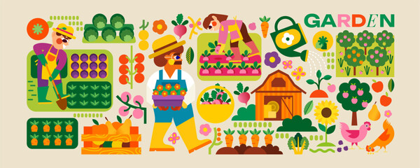 Garden, farm and agriculture. Bright collection of farmers, gardeners, beds, barn, nature and harvest. Complete your project with these great elements.