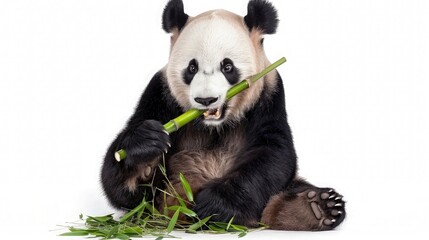 Panda eating bamboo on white background.