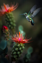 Fototapeta premium bird hovering near vibrant flower, nature’s beauty, intricate flight mechanics, mesmerizing moment, wildlife and flora interaction