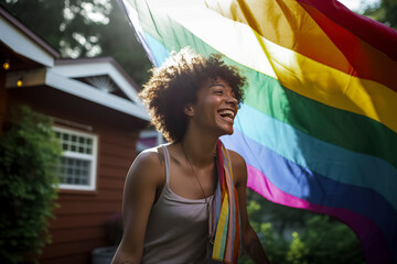 woman is holding a rainbow flag and smiling. The flag is colorful and vibrant, and it seems to be a symbol of pride and happiness. The woman's smile and the flag's colors create a joyful