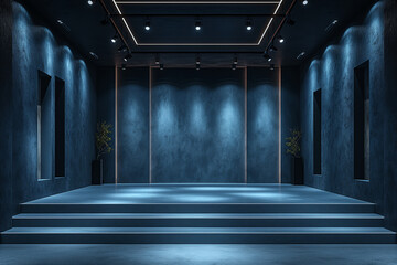 3d dark blue empty minimalist interior exhibition space design. minimalist style room background.