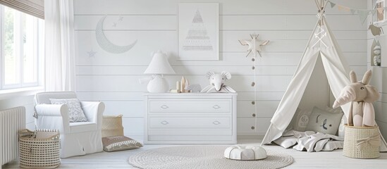 A child's room decorated with white furniture, a carpet, a tent, and a wall sticker.