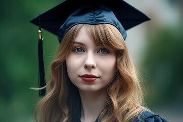A woman wearing a graduation cap and gown. She has a red lipstick on and is smiling. Concept of accomplishment and pride