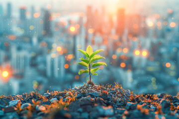 Young plant sprouts in urban setting as a symbol of growth and environmental hope - obrazy, fototapety, plakaty
