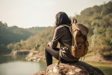 woman sits on a rock overlooking a lake with a backpack on her back. Concept of solitude and contemplation, as the woman takes in the peaceful surroundings - Powered by Adobe